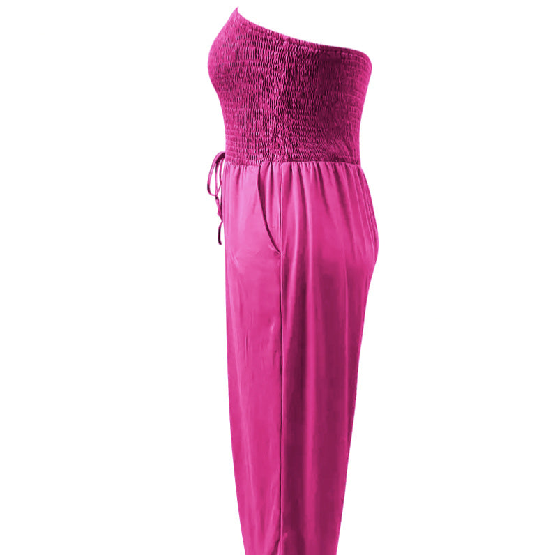 Ladies' Elegant Jumpsuit Solid Color Strapless Top Straight Leg Pants Sleeveless Loose Pants