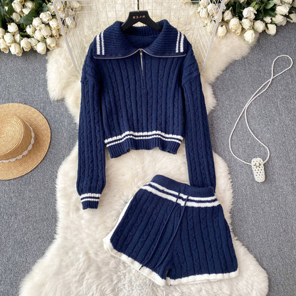 Breasted-collar Striped Sweater And Wide-leg Shorts Set