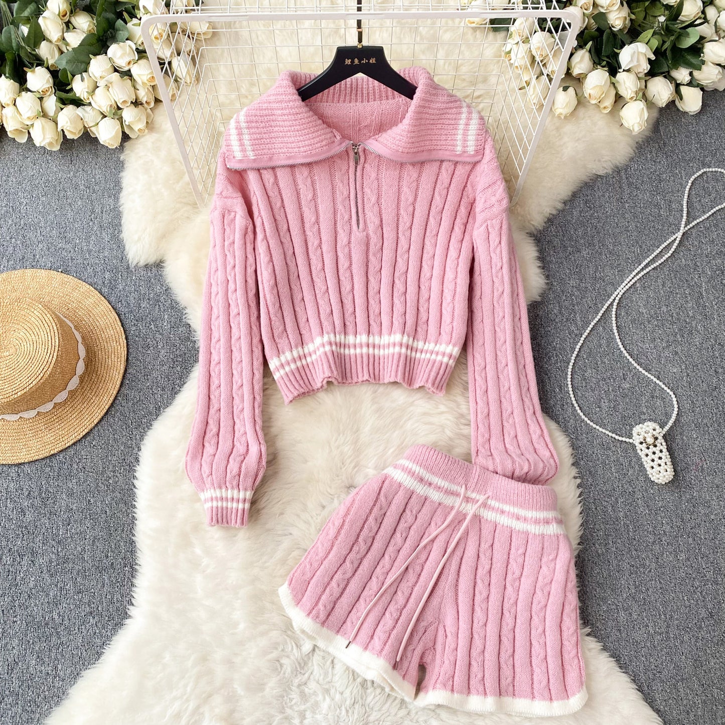 Breasted-collar Striped Sweater And Wide-leg Shorts Set