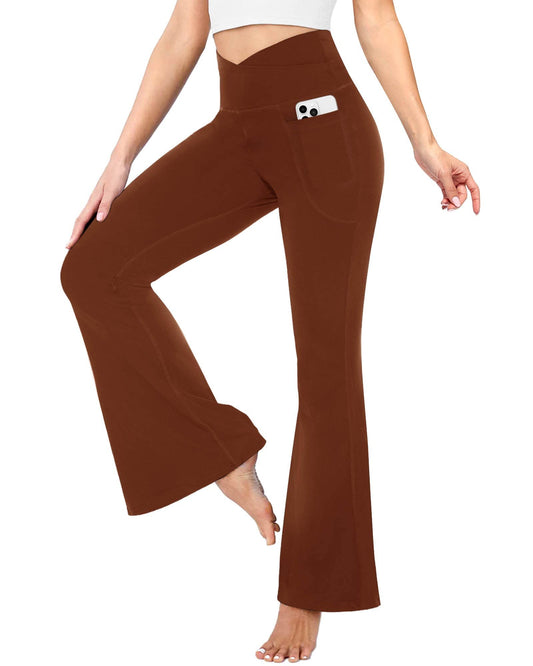 Flare Leggings For Women With Pockets - Crossover High Waisted Black Flared Leggings For Yoga Gym Workout