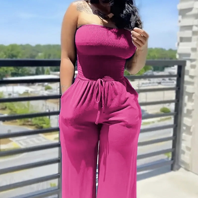 Ladies' Elegant Jumpsuit Solid Color Strapless Top Straight Leg Pants Sleeveless Loose Pants