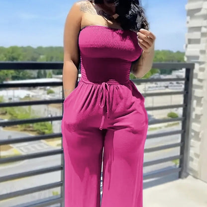 Ladies' Elegant Jumpsuit Solid Color Strapless Top Straight Leg Pants Sleeveless Loose Pants