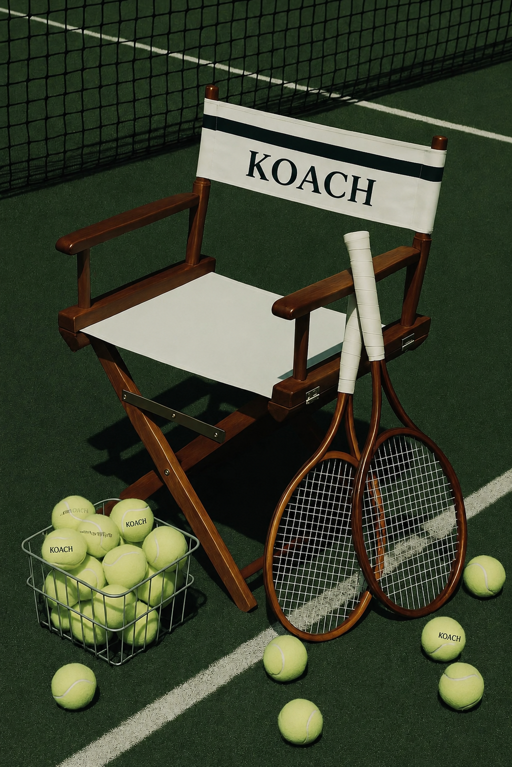 KOACH tennis court editorial with wooden rackets and director chair